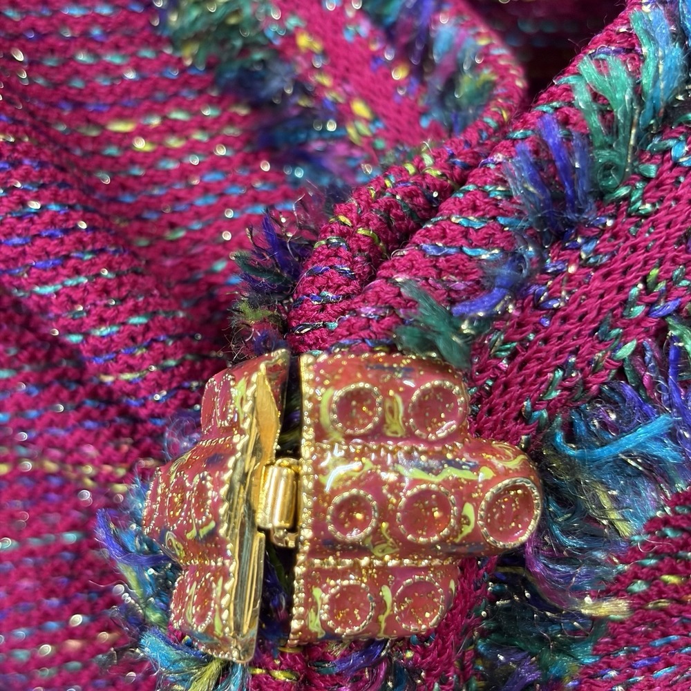 ST. JOHN Womens Suit 10 Jacket 12 Skirt Fuchsia Pink Metallic Shimmer Gold Clasp - Picture 16 of 16